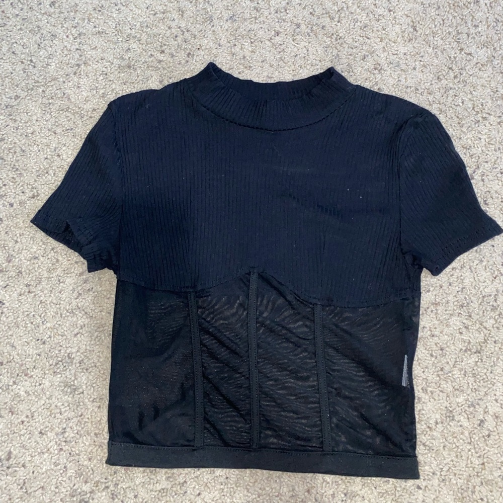 Short Sleeve Ribbed Half Mesh Cropped Tee Size S(4)